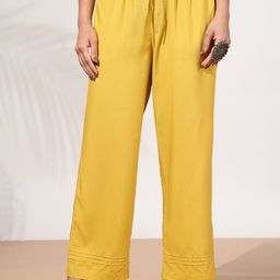 Mustard Women Straight Solid Knitted Palazzos-image-93