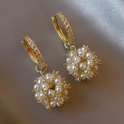 PolluxCraft Korean Gold-Plated Stones Studded & Pearls Beaded Contemporary Hoop Earrings-image-88