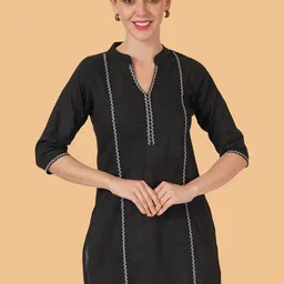 Brownverse Mandarin Collar Thread Work Pure Cotton Straight Kurti-image-87