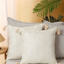 eyda White 2 Pieces Embroidered Square Tasselled Cushion Covers-57