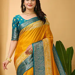 Anouk Rustic Checked Zari Silk Cotton Designer Taant Saree image 5