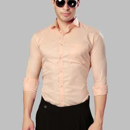 UR ETHICS Men Peach Self Design Slim Fit Premium Semiformal Shirts-picture-38