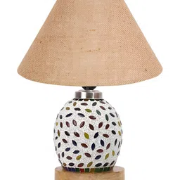 Devansh Beige & White Printed Wooden Frustum Shaped Table Lamp With Mosaic Glass Base image 5