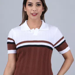 FEVERFEW Striped Self Design Shirt Collar Short Sleeves Top-2