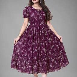 BAESD Women Floral Printed Keyhole Neck Puff Sleeve Georgette Fit & Flare Maxi Dress-image-34