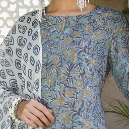 Taavi Women Hand Block Print Straight Calf Length Kurta With Trousers & Dupatta-10