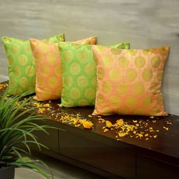 RoyalDeco Mandala Coral & Green 4 Pieces Ethnic Motifs Brocade Silk Square Cushion Covers-image-64