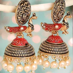 OOMPH Peacock Shaped Jhumkas Earrings-image-52