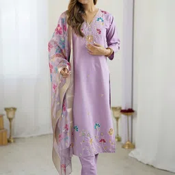 all about you Embroidered V-Neck Beads and Stones Straight Kurta With Trousers & Dupatta-23