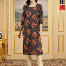 HERE&NOW Women Ethnic Motifs Printed Round Neck Straight Regular Kurtas-picture-22