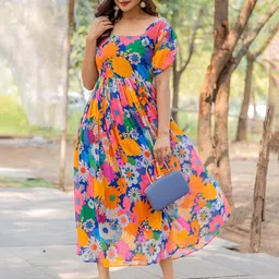 Masakali.Co Floral Print Flutter Sleeve Georgette Fit & Flare Maxi Dress-image-25