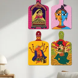 ArtVibes 4-Pcs Yellow & Pink Madhubani Printed Wooden Wall Hangings-picture-30