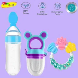 Joy Buzz Kids Set Of 3 Food Feeder Bottle Fruit Nibbler & Rattle Teether - Blue-13