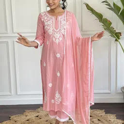 KALINI Floral Embroidered Yoke Design A-Line Pure Cotton Kurta With Trouser And Dupatta-31