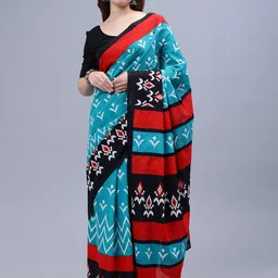 THE VASILIKI Blue Printed Malmal Cotton Saree-picture-12