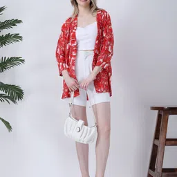 Qurvii Geometric Printed Mandarin Collar Open Front Party Shrug image 3
