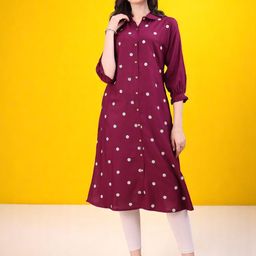 HERE&NOW Floral Embroidered Shirt Collar Thread Work Cotton A-Line Kurta-image-24