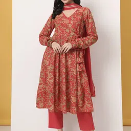Yufta Women Floral Printed Angrakha Pure Cotton Kurta with Trousers & With Dupatta-image-89