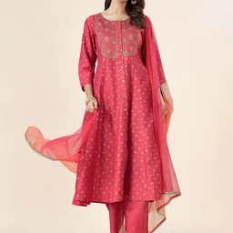 RANGMANCH BY PANTALOONS Women Ethnic Motifs Embroidered Sequinned Kurta Trousers Dupatta-56