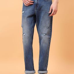MEGHZ Men Classic Straight Fit Mid-Rise Mildly Distressed Light Fade Stretchable Jeans-image-28