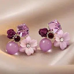 FIMBUL Gold-Plated Artificial Stones Studded and Beaded Floral Studs-98