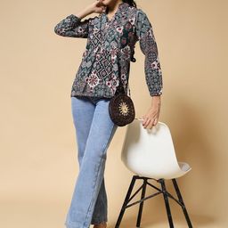Istyle Can Women Floral Print Mandarin Collar Cotton Top-picture-8