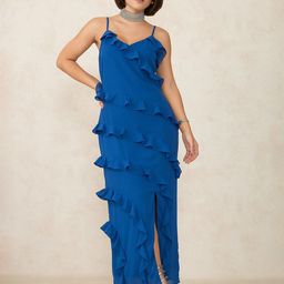 Virgio Women Zeina Blue Ruffle A-Line Dress with Slit-image-8