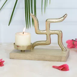 Maison Modern Gold-Toned and Brown Swastik Festive Candle Holder-image-15