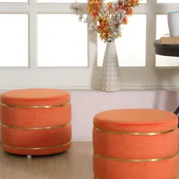 Shadowkart Orange Coloured Wooden Round Shaped Ottomans-35