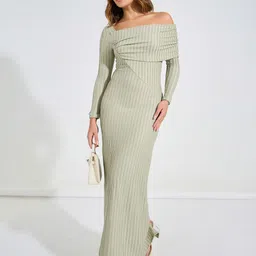 Styli Women Green Off Shoulder Neck Textured Sheath Maxi Dress-image-24
