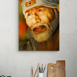 Tushaco Handicrafts Gold-Toned & White Sai Baba Religious Canvas Wall Art-image-87