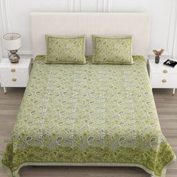 TrueYarns Green & White Ethnic Motifs 210 TC King Bedsheet with 2 Pillow Covers-image-107
