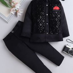 FOURFOLDS Boys 3-Pc Sequinned Embroidered Mandarin Collar Suit-image-4