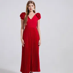 JC Collection Women V-Neck Accordion Pleats Applique Maxi Dress-picture-13