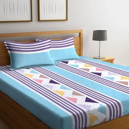 Myntra Elegant Homes Blue & White Striped 300 TC King Bedsheet Set 2.50 x 2.15 m-image-0