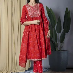 KALINI Bandhani Printed Thread Work Pure Cotton Kurta With Trousers & Dupatta-11