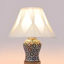 Devansh White Printed Wooden Frustum Shaped Table Lamp With Mosaic Glass Base image 3