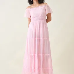 aayu Off-Shoulder Smocked Tiered Chiffon Fit & Flare Maxi Dress-image-20