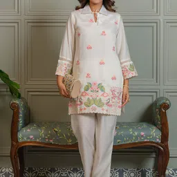 Sangria Floral Embroidered Shirt Collar Tunic & Trousers Co-Ords-41