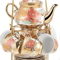 Pack of 13 Ceramic Tea Set with Teapot, Cups, Saucers, Kettle & Metal Stand | Golden Floral-2
