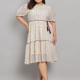 Tulsattva Women Floral Print Round Neck Puff Sleeves Schiffli Fit and Flare Midi Dress-image-38