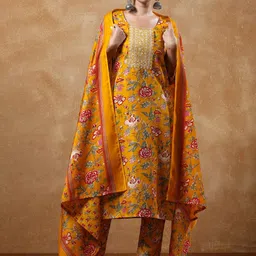 Varanga Women Floral Yoke Design Straight Kurta with Trousers & Dupatta-image-29
