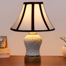 Devansh White & Black Textured Wooden Frustum Shaped Table Lamp With Mosaic Glass Base image 3