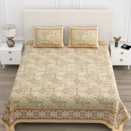 TrueYarns Cream-Coloured & Mustard Ethnic Motifs 210 TC King Bedsheet with 2 Pillow Covers-7