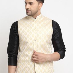 Kaifoo Woven Design Mandarin Collar Nehru Jackets-24