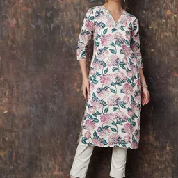 Melange by Lifestyle Floral Printed V-Neck Thread Work Straight Kurta-13