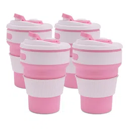Kuber Industries White & Pink 4 Pieces Printed Cup With Lid & Sipper Cover 350 ml-12