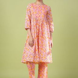 anayna Women Floral Printed Panelled Pure Cotton Kurta with Trousers-image-44