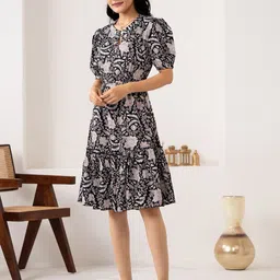 AASK Floral Printed Puff Sleeve Fit & Flare Dress-image-54