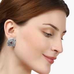 Sangria Red Silver-Plated Artificial Stones Studded Square Shaped Studs image 5